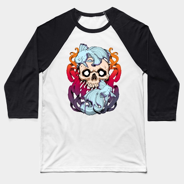 Skull Fish - Sunset Baseball T-Shirt by Becky Watson
